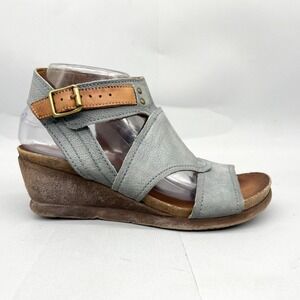 Miz Mooz Womens 38 7.5 Scout Sandals Blue Leather Wedge Ankle Strap Peep Toe